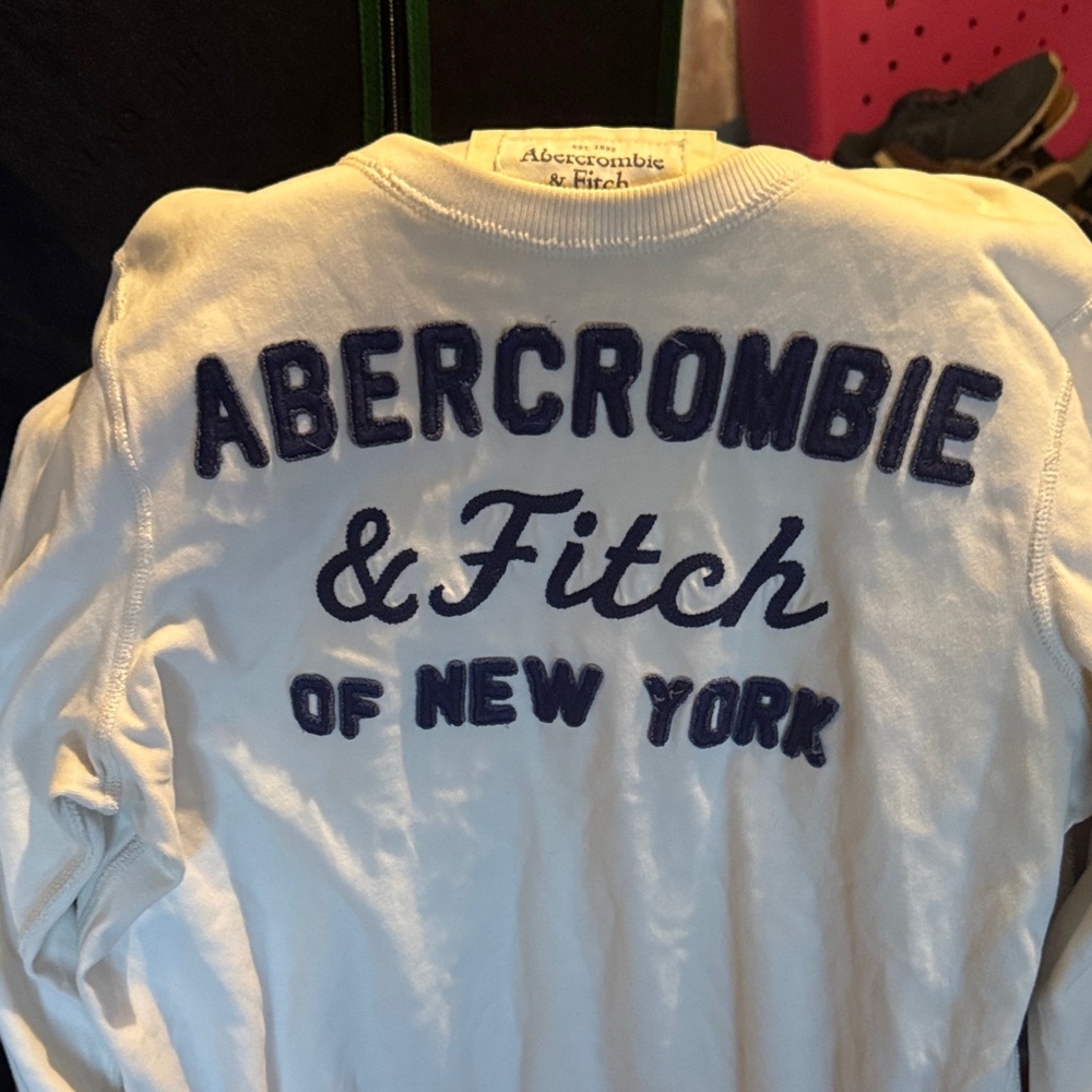 Abercrombie & Fitch White Crewneck with Navy Logo